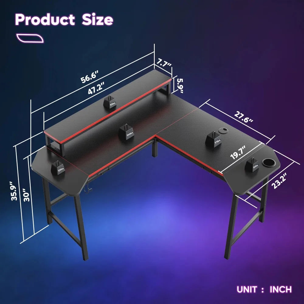 L-Shaped Gaming Computer Desk With Monitor Stand